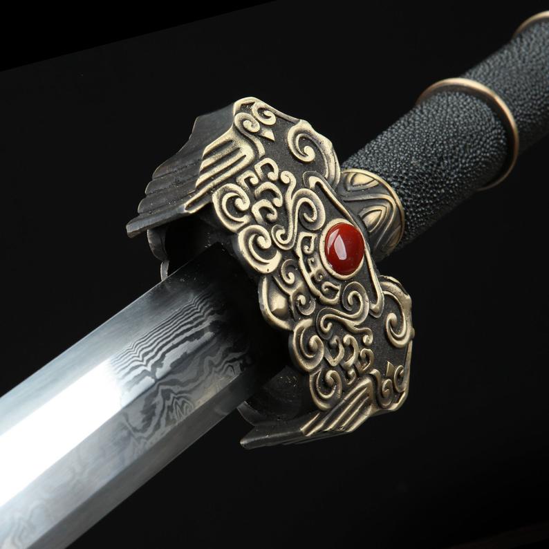 Handmade Real Rayskin Scabbard Damascus Steel Chinese Swords Of Feng Shen Jian