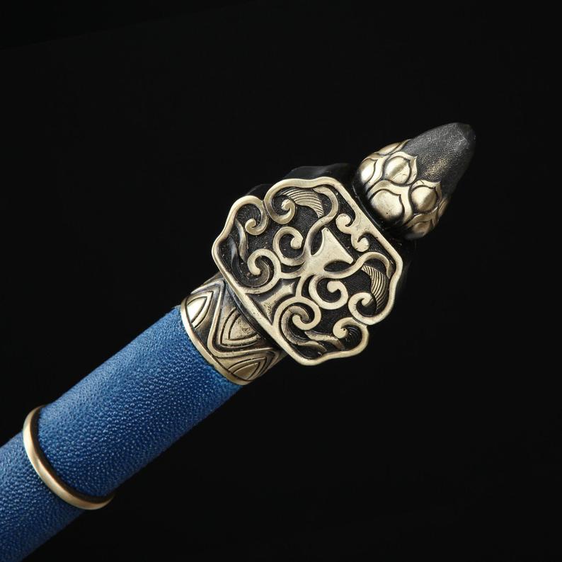Épées Chinoises En Acier De Damas De Fourreau De Rayskin Véritable Bleu Fait à La Main De Feng Shen