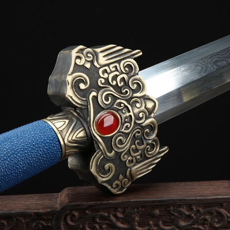 Épées Chinoises En Acier De Damas De Fourreau De Rayskin Véritable Bleu Fait à La Main De Feng Shen