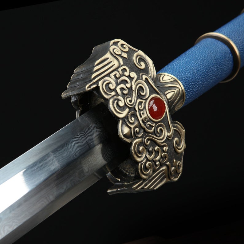 Épées Chinoises En Acier De Damas De Fourreau De Rayskin Véritable Bleu Fait à La Main De Feng Shen