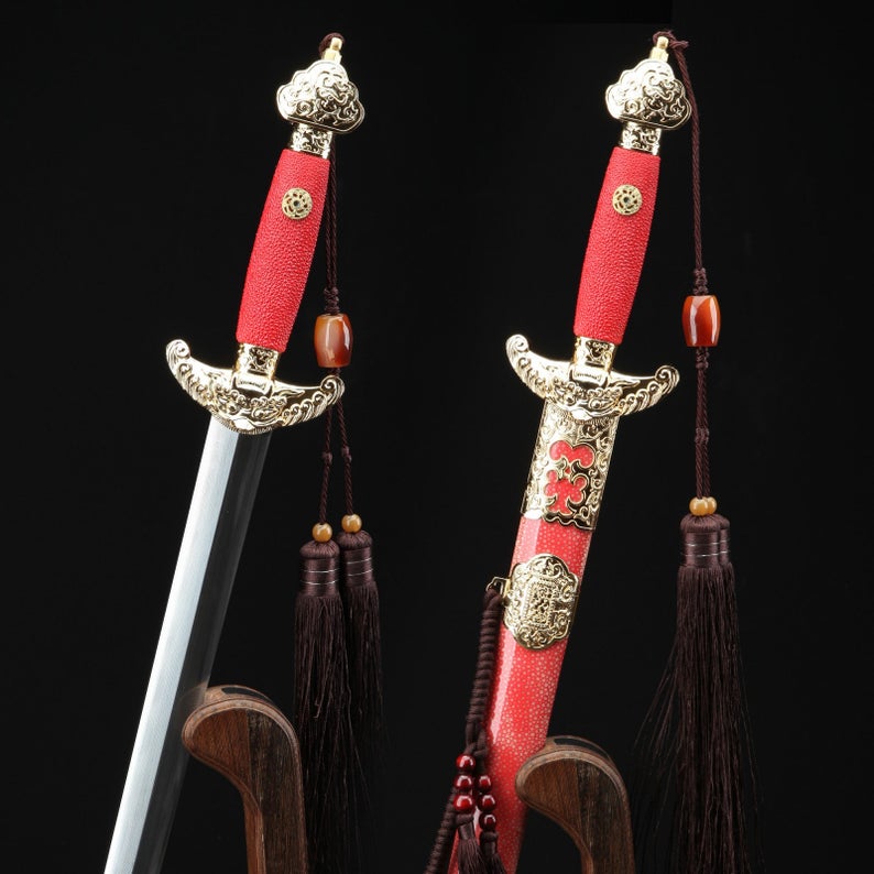 Red Rayskin Theme Handmade Damascus Steel Chinese Qing Dynasty King Swords