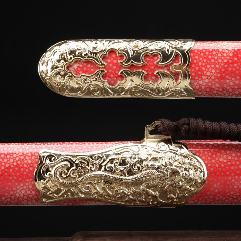 Red Rayskin Theme Handmade Damascus Steel Chinese Qing Dynasty King Swords