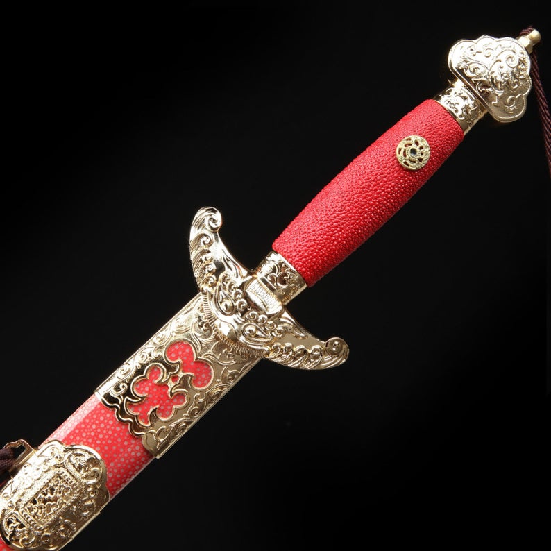 Red Rayskin Theme Handmade Damascus Steel Chinese Qing Dynasty King Swords