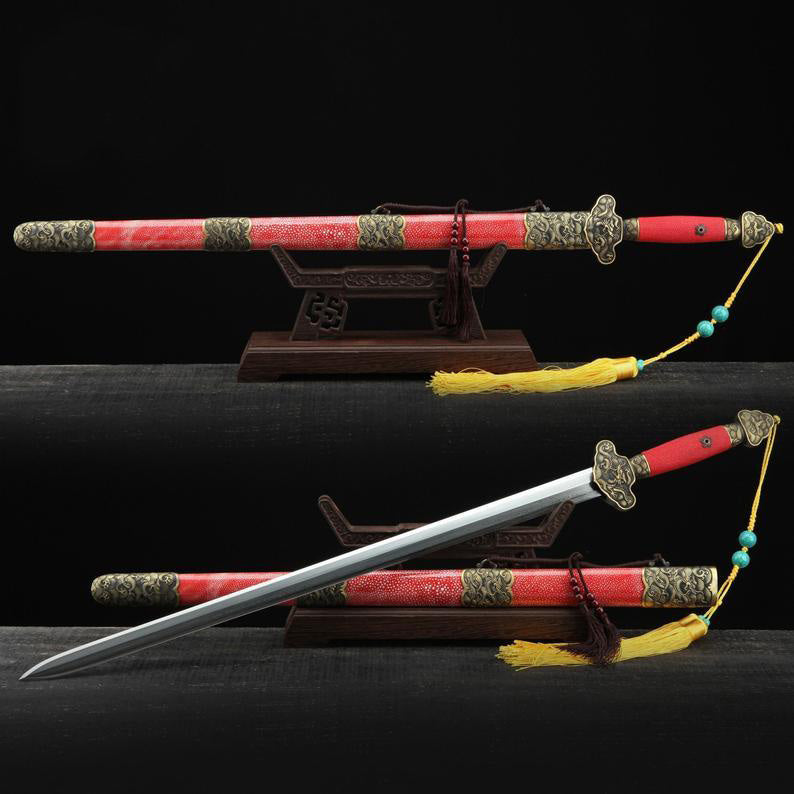 Épées Chinoises Trempées D'argile D'acier De Damas De Thème De Dragon Chinois De Rayskin Rouge