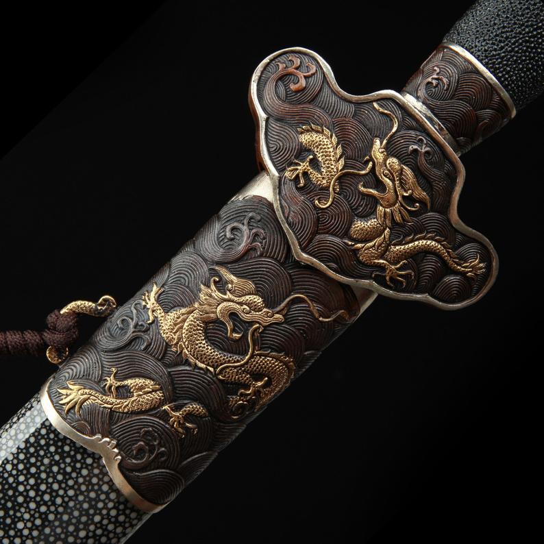 Épées Chinoises Trempées En Argile D'acier De Damas Sur Le Thème Du Dragon Chinois Rayskin Noir