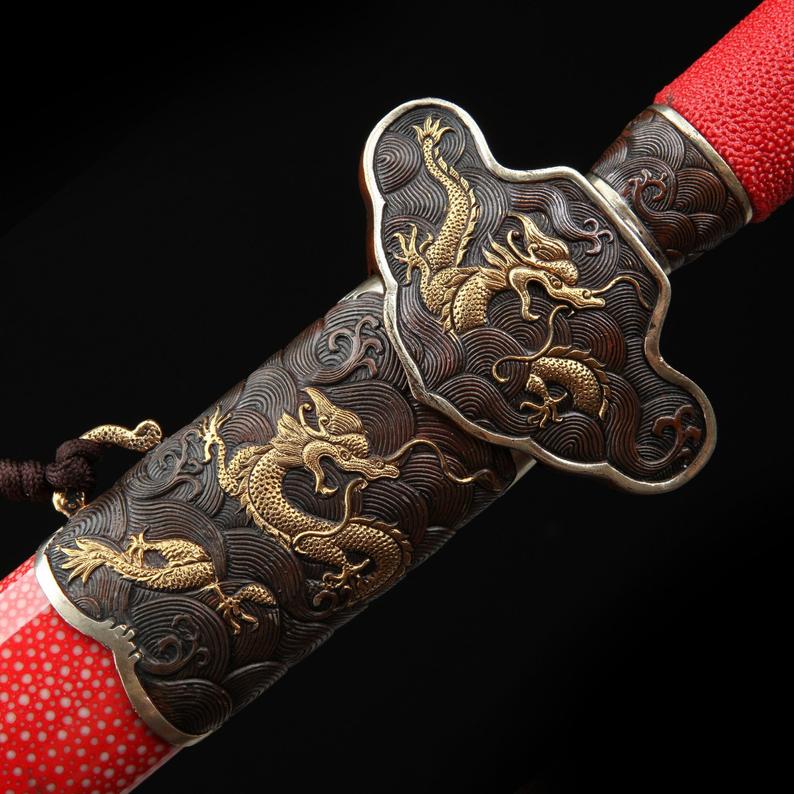 Épées Chinoises Trempées En Argile D'acier De Damas Sur Le Thème Du Dragon Rayskin Rouge Rouge