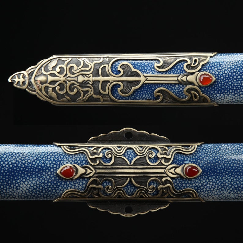 Épées Chinoises En Acier De Damas De Fourreau De Rayskin Véritable Bleu Fait à La Main De Feng Shen