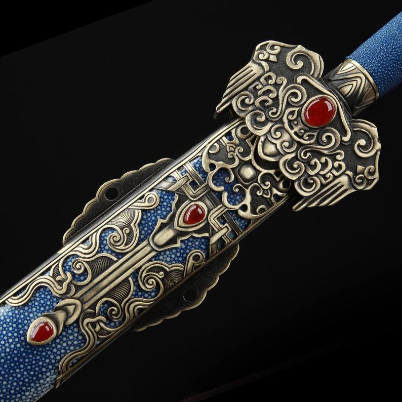 Épées Chinoises En Acier De Damas De Fourreau De Rayskin Véritable Bleu Fait à La Main De Feng Shen