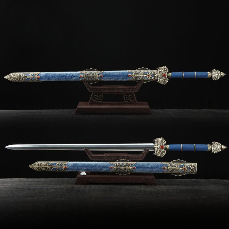 Épées Chinoises En Acier De Damas De Fourreau De Rayskin Véritable Bleu Fait à La Main De Feng Shen