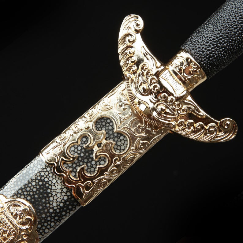 Handmade Damascus Steel Rayskin Full Tang Qing Dynasty King Sword Chinese Swords