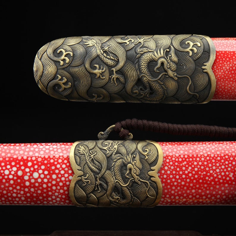 Épées Chinoises Trempées D'argile D'acier De Damas De Thème De Dragon Chinois De Rayskin Rouge