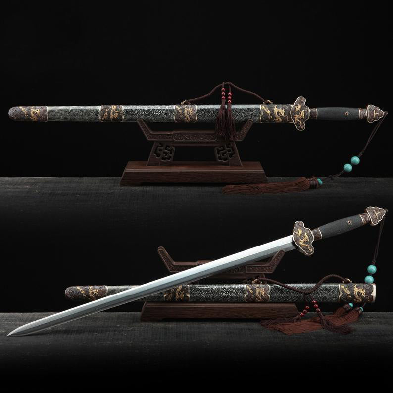Épées Chinoises Trempées En Argile D'acier De Damas Sur Le Thème Du Dragon Chinois Rayskin Noir