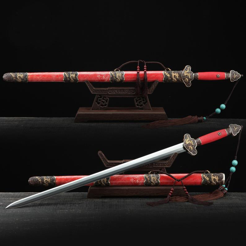 Épées Chinoises Trempées En Argile D'acier De Damas Sur Le Thème Du Dragon Rayskin Rouge Rouge