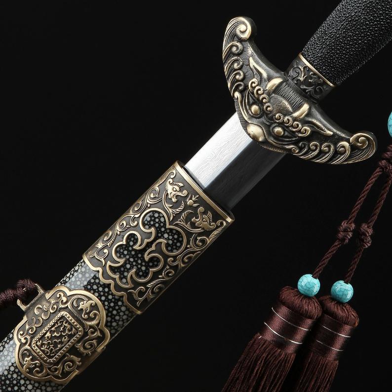 Handmade Damascus Steel Rayskin Full Tang Chinese Qing Dynasty King Swords