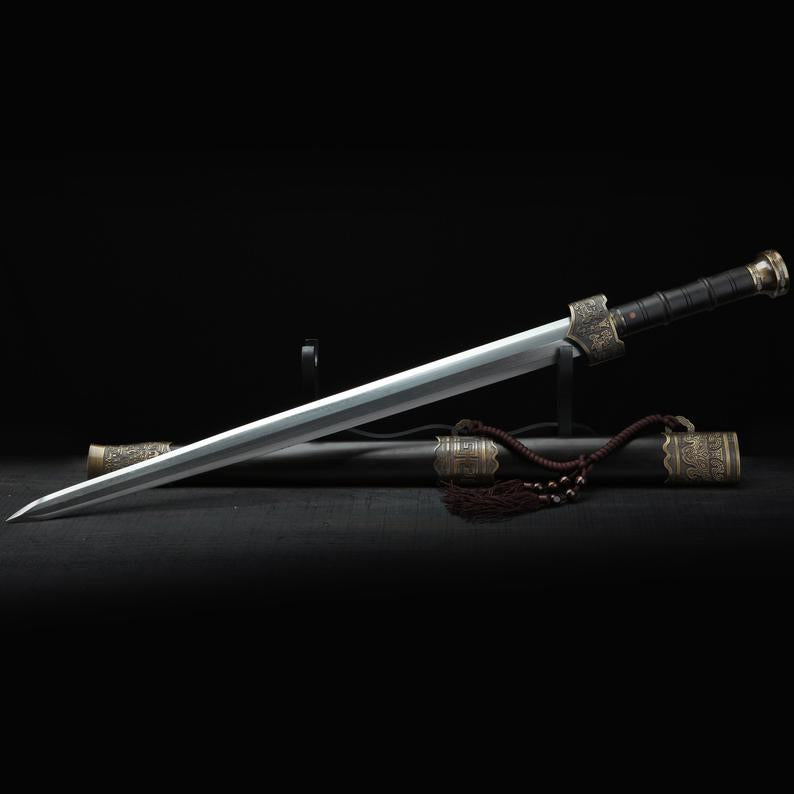 Épée Han Chinoise Longue En Bois Noir En Bronze Fait à La Main