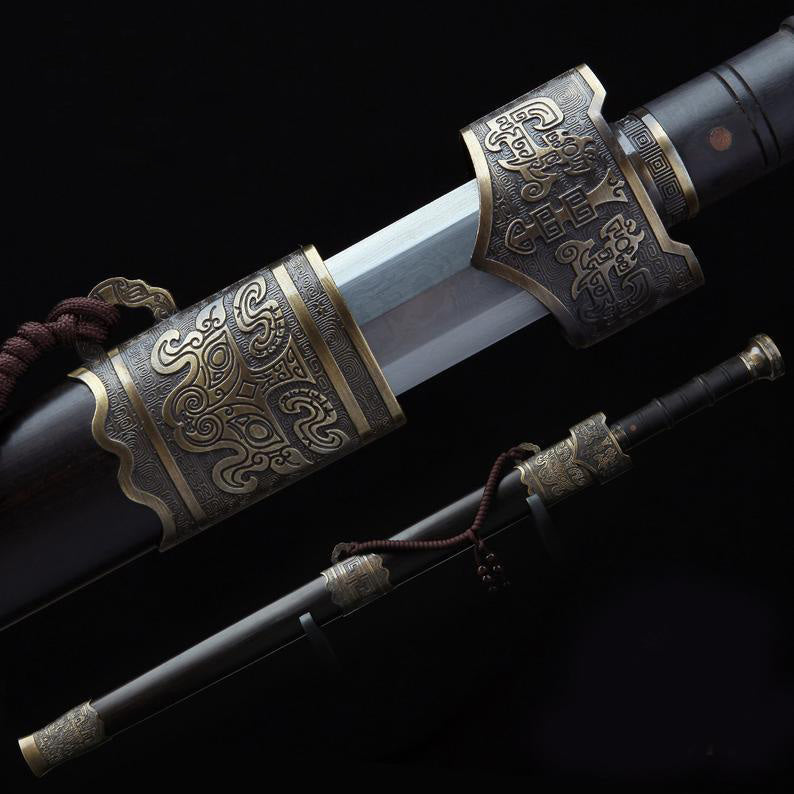Épée Han Chinoise Longue En Bois Noir En Bronze Fait à La Main