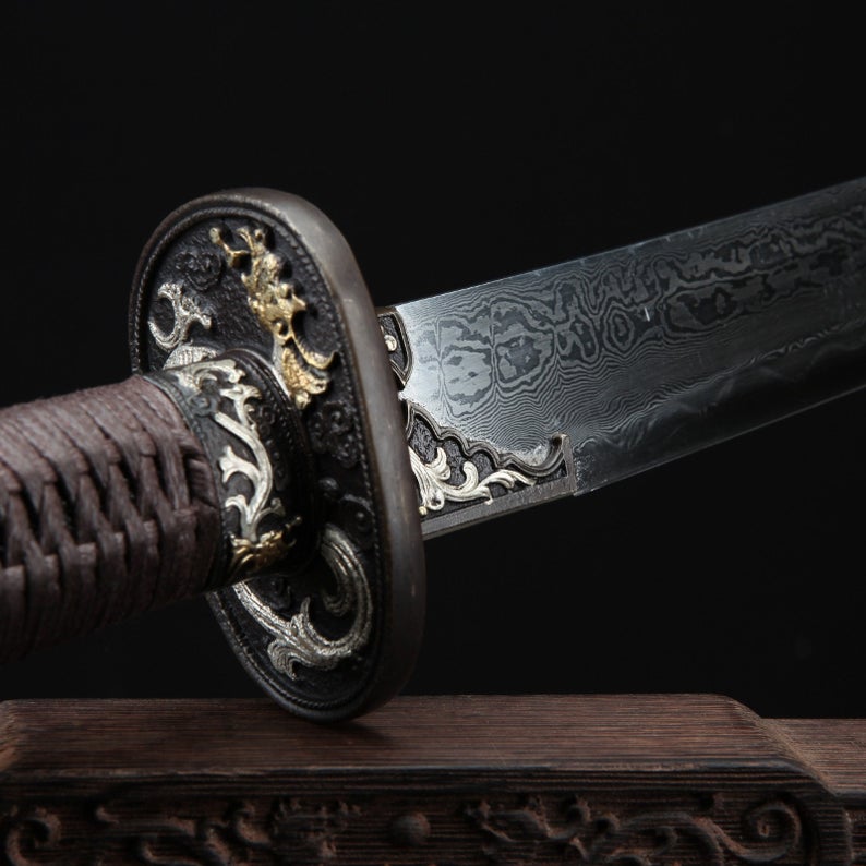 Fourreau en acier de damas sur le thème du Dragon chinois, véritable épée large chinoise en palissandre