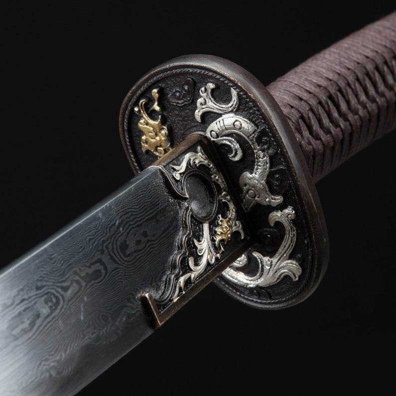 Fourreau en acier de damas sur le thème du Dragon chinois, véritable épée large chinoise en palissandre