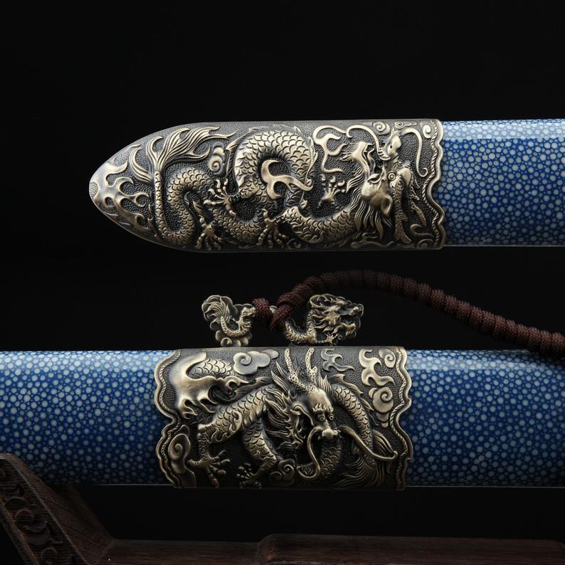 Thème De Dragon Chinois En Rayskin Bleu Fait à La Main En Acier De Damas Vraies Épées Chinoises