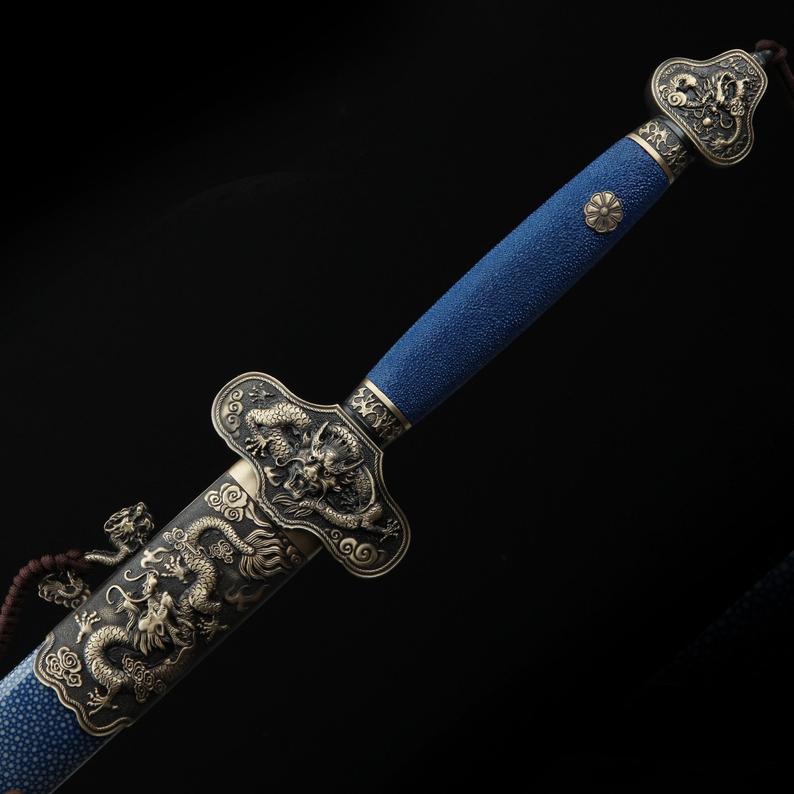 Thème De Dragon Chinois En Rayskin Bleu Fait à La Main En Acier De Damas Vraies Épées Chinoises