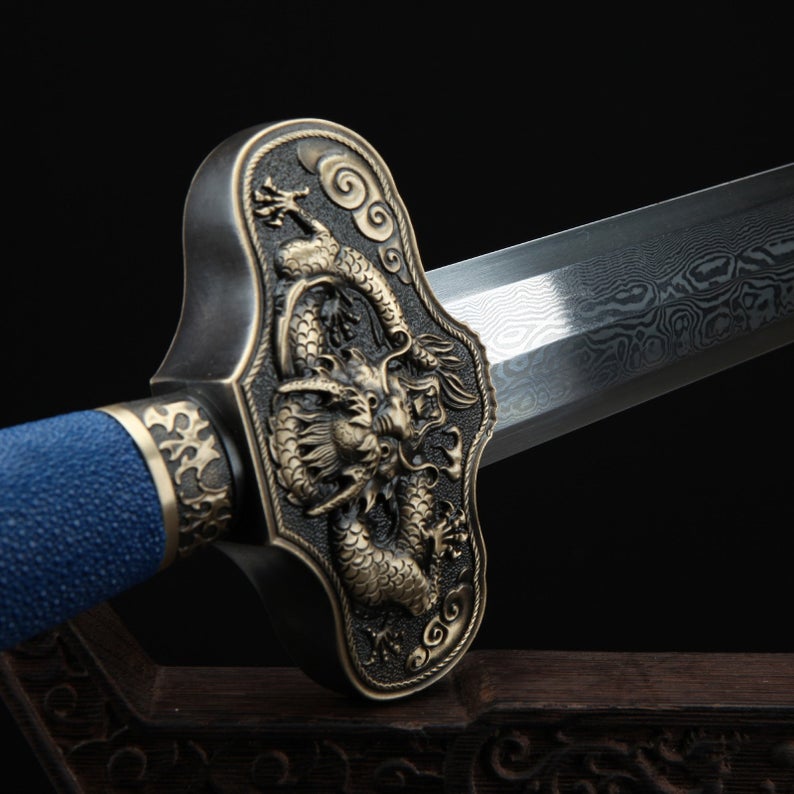 Thème De Dragon Chinois En Rayskin Bleu Fait à La Main En Acier De Damas Vraies Épées Chinoises