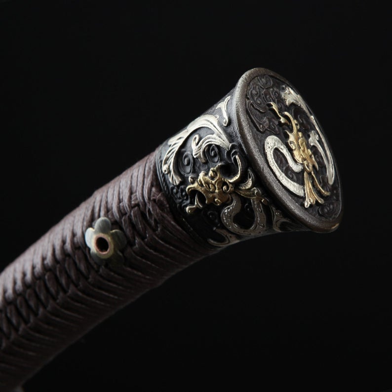 Fourreau en acier de damas sur le thème du Dragon chinois, véritable épée large chinoise en palissandre