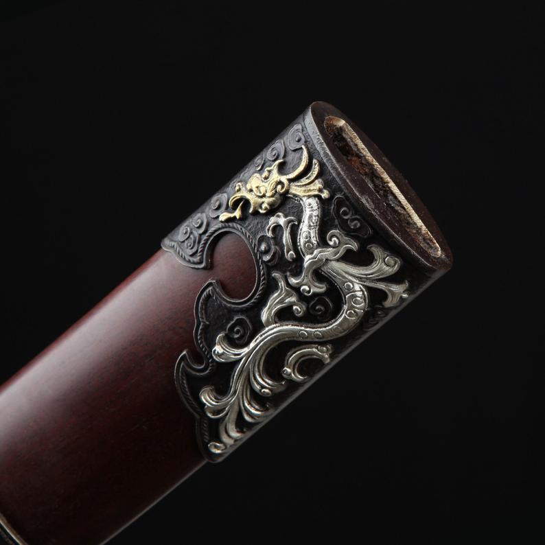 Fourreau en acier de damas sur le thème du Dragon chinois, véritable épée large chinoise en palissandre