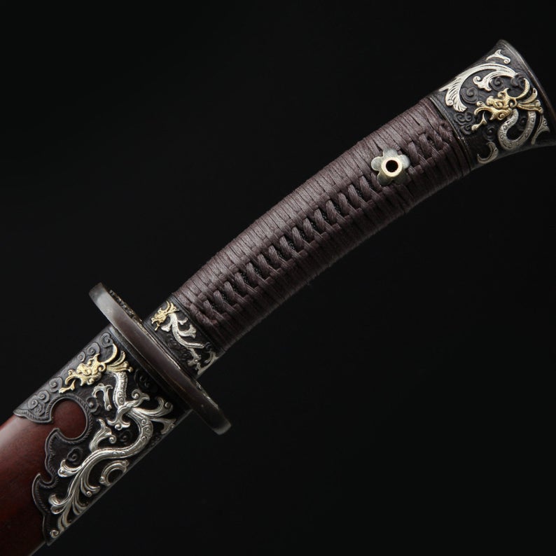 Fourreau en acier de damas sur le thème du Dragon chinois, véritable épée large chinoise en palissandre