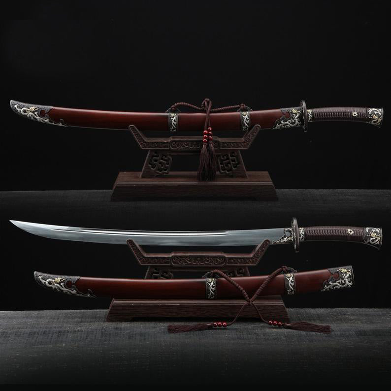 Fourreau en acier de damas sur le thème du Dragon chinois, véritable épée large chinoise en palissandre