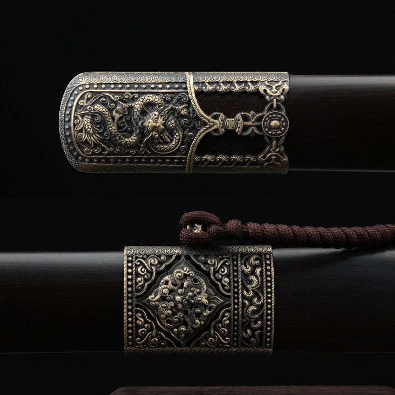 Épées De Roi De La Dynastie Ming Chinoise En Acier De Damas En Bois De Santal Noir Rétro Fait à La Main