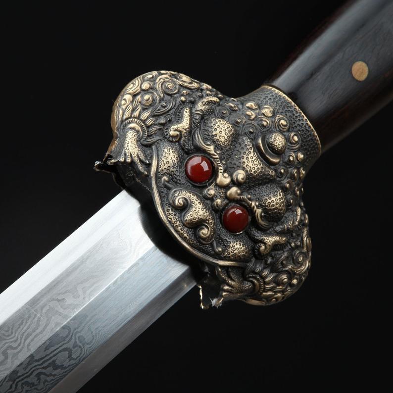 Épées De Roi De La Dynastie Ming Chinoise En Acier De Damas En Bois De Santal Noir Rétro Fait à La Main