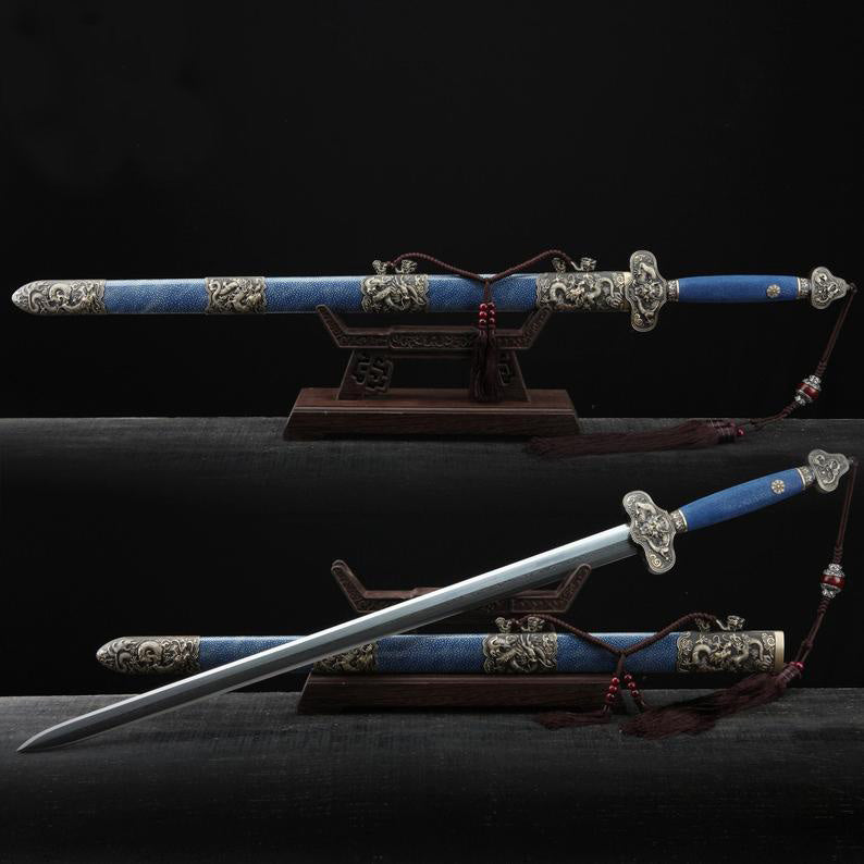 Thème De Dragon Chinois En Rayskin Bleu Fait à La Main En Acier De Damas Vraies Épées Chinoises