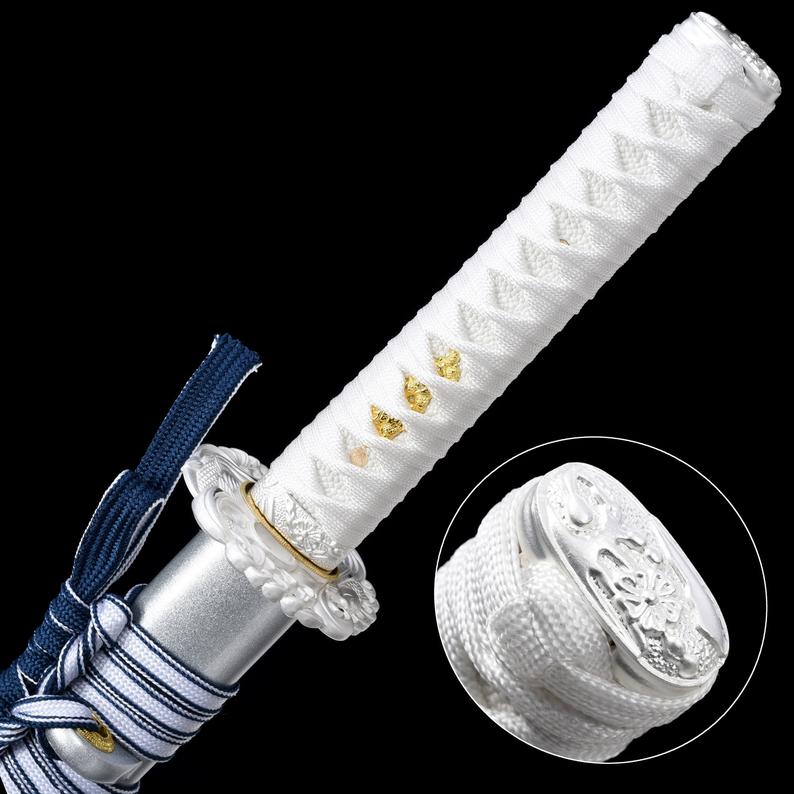 Handmade High Manganese Steel Blue Blade Real Japanese Wakizashi Swords With White Scabbard
