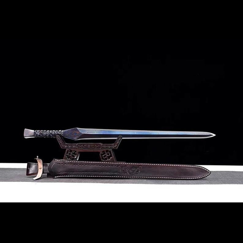 Handmade Real Sword Han Dynasty Chinese Swords Damascus Steel Blue Blade Cowhide scabbard