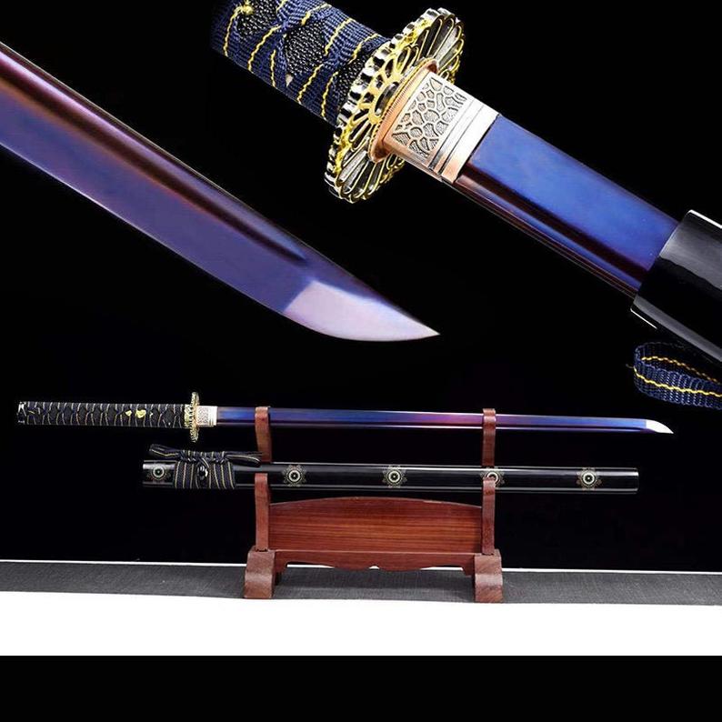 Épées japonaises faites à la main samouraï Katana véritable épée 1045 en acier au carbone Ninjato lame bleue yeux fantômes