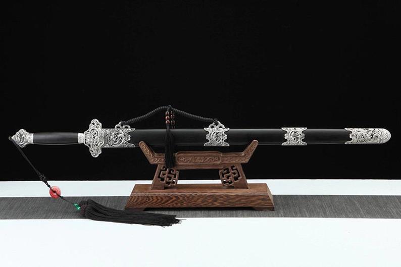 Handmade Real Sword Qin Dynasty Chinese Swords High Manganese Steel Glod Blade EbonyScabbard