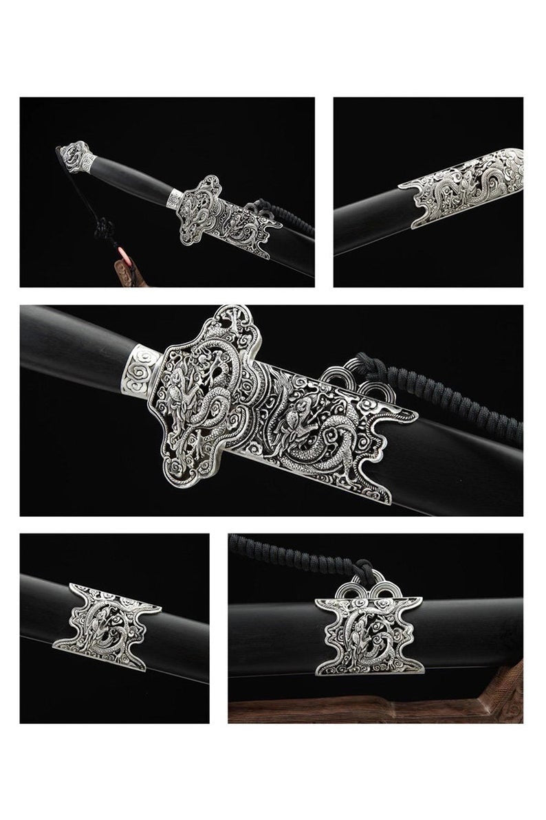 Handmade Real Sword Qin Dynasty Chinese Swords High Manganese Steel Glod Blade EbonyScabbard