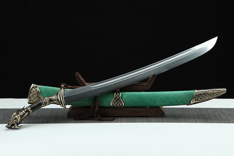 Handmade Real Sword Qin Dynasty Chinese Dao Swords Damascus Steel With Green Scabbard High Quality