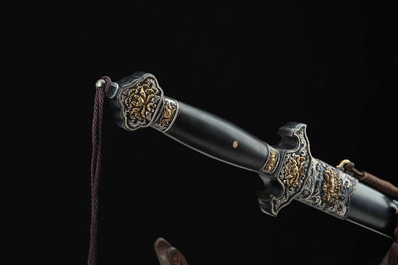 Handmade Real Sword Qin Dynasty Chinese Swords Damascus Steel With Ebony Scabbard High Quality Peony Copper Carving