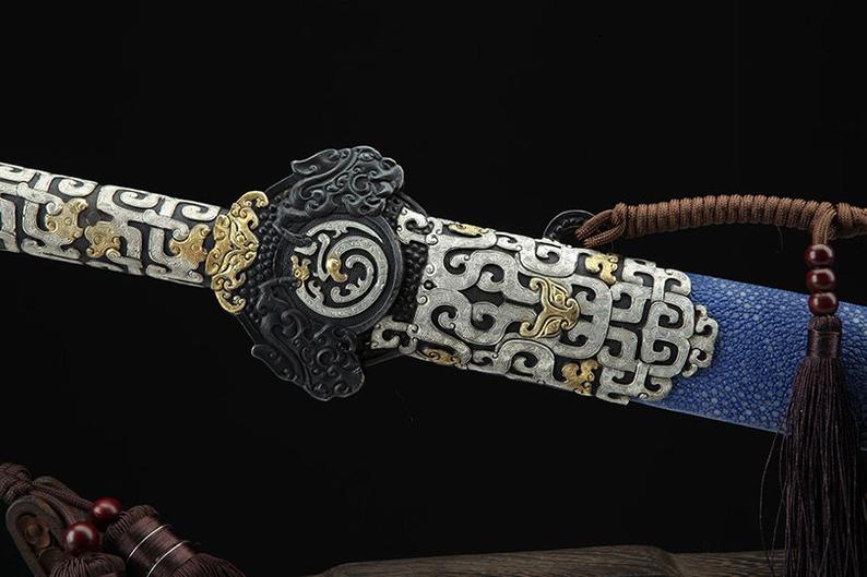 Handmade Real Sword Qin Dynasty Chinese Swords Damascus Steel With Blue Scabbard High Quality