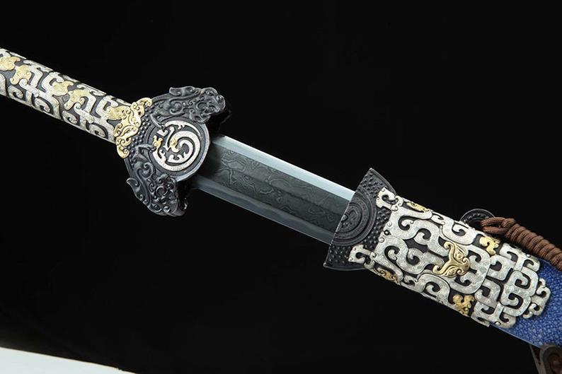 Handmade Real Sword Qin Dynasty Chinese Swords Damascus Steel With Blue Scabbard High Quality
