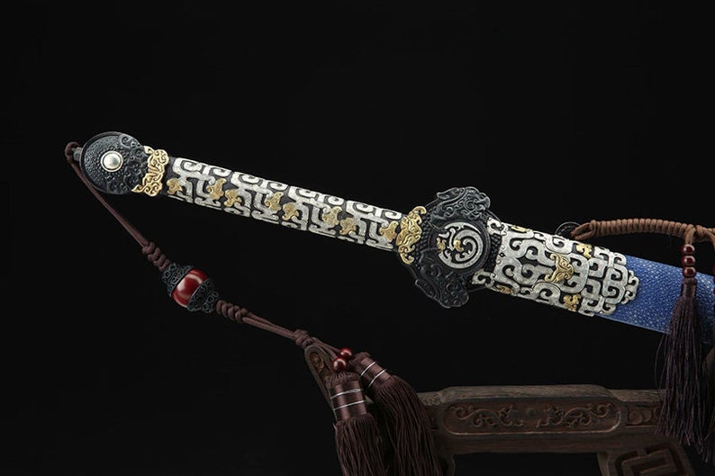 Handmade Real Sword Qin Dynasty Chinese Swords Damascus Steel With Blue Scabbard High Quality