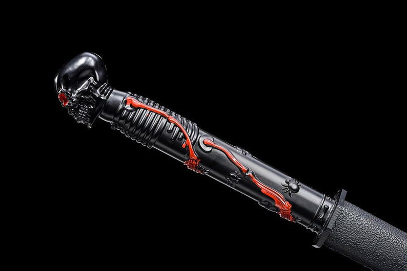 Épée chinoise faite à la main de la dynastie Tang, véritable lame noire en acier à haute teneur en manganèse, crâne