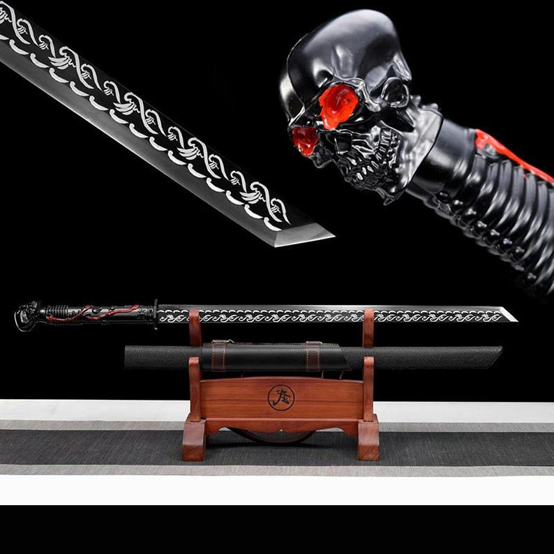 Épée chinoise faite à la main de la dynastie Tang, véritable lame noire en acier à haute teneur en manganèse, crâne