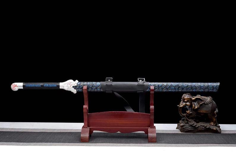 Épées chinoises faites à la main de la dynastie Tang, véritable épée de haute qualité en acier à haute teneur en manganèse, lame bleue pleine Tang