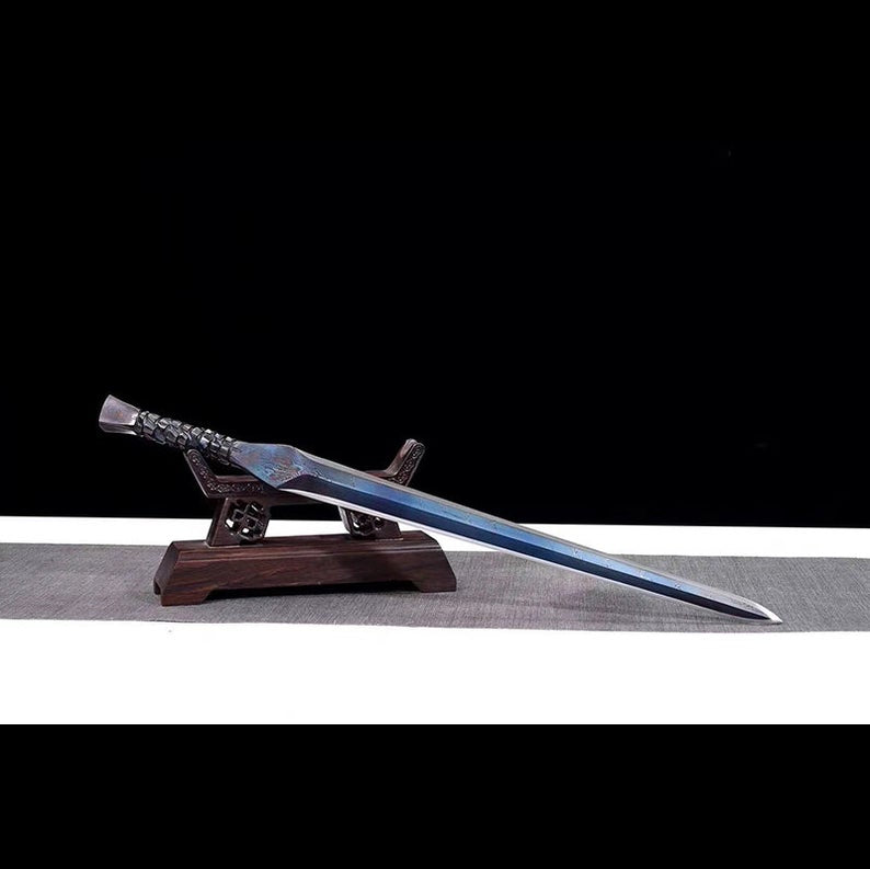 Handmade Real Sword Han Dynasty Chinese Swords Damascus Steel Blue Blade Cowhide scabbard