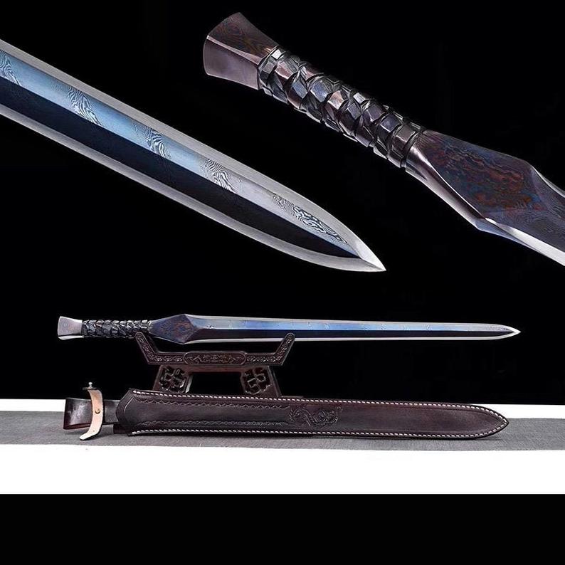 Handmade Real Sword Han Dynasty Chinese Swords Damascus Steel Blue Blade Cowhide scabbard