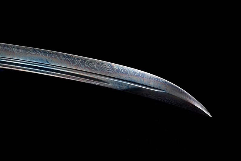 Handmade Real Sword Qin Dynasty Chinese Swords Damascus Steel Blue Blade Cowhide scabbard