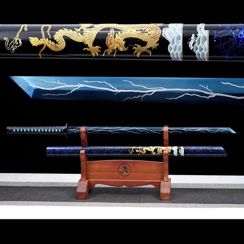 Handmade Japanese Ninjato Ninja katana Samurai Swords High Quality Sword Full Tang Blue Blade Dragon Print