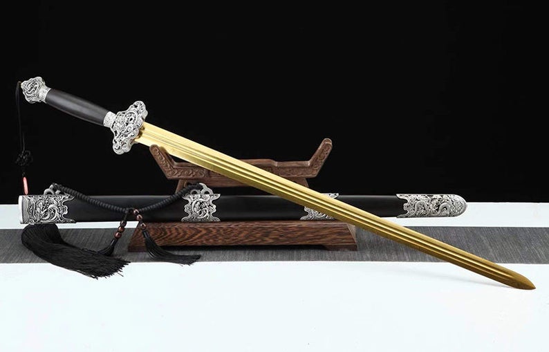 Handmade Real Sword Qin Dynasty Chinese Swords High Manganese Steel Glod Blade EbonyScabbard